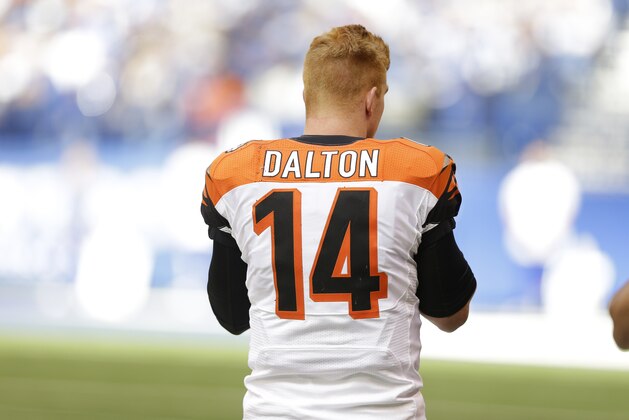 Cincinnati Bengals quarterback Andy Dalton watches during the second half of an NFL football game against the Indianapolis Colts Sunday, Oct. 19, 2014, in Indianapolis. (AP Photo/Michael Conroy)