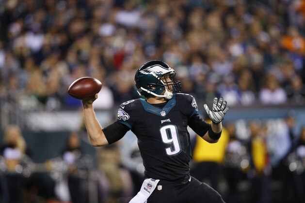 Philadelphia Eagles' Nick Foles is seen during the second half of an NFL football game against the New York Giants in Philadelphia, Sunday, Oct. 12, 2014. (AP Photo/Michael Perez)