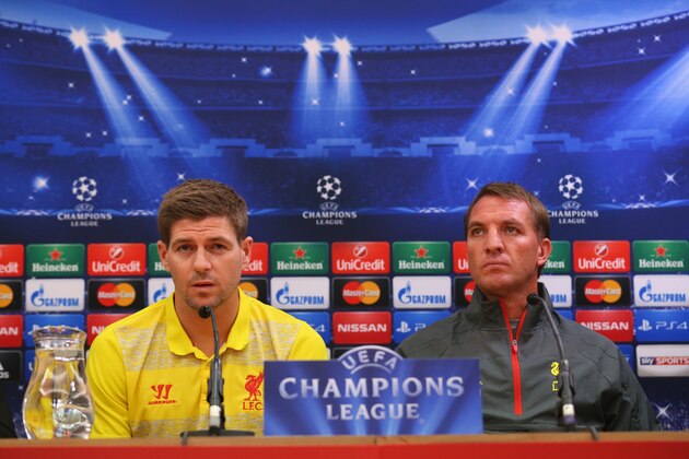 LIVERPOOL, ENGLAND - OCTOBER 21:  Brendan Rodgers the manager of Liverpool and Steven Gerrard face the media during a press conference at Anfield on October 21, 2014 in Liverpool, United Kingdom.  (Photo by Alex Livesey/Getty Images)
