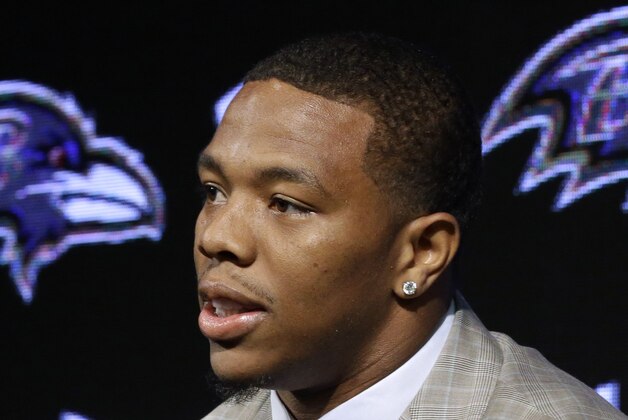 FILE - In this May 23, 2014, file photo, Baltimore Ravens running back Ray Rice during a news conference at the team's practice facility in Owings Mills, Md. Former U.S. District Judge Barbara S. Jones has been appointed to hear Rice's appeal of the indefinite suspension handed down by the NFL. Commissioner Roger Goodell announced the appointment Thursday, Oct. 2, 2014, after consulting with DeMaurice Smith, the players' union executive director. (AP Photo/Patrick Semansky, File)