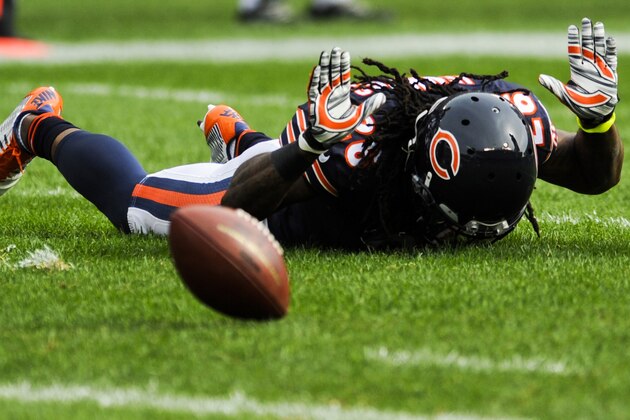 Oct 19, 2014; Chicago, IL, USA; Chicago Bears cornerback Tim Jennings (26) reacts after missing an interception against the Miami Dolphins in the second half of their game at Soldier Field. Mandatory Credit: Matt Marton-USA TODAY Sports