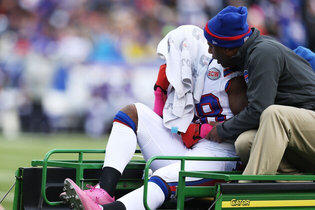 ORCHARD PARK, NY - OCTOBER 19:  C.J. Spiller #28 of the Buffalo Bills is carted off the field after an injury against the Minnesota Vikings during the first half at Ralph Wilson Stadium on October 19, 2014 in Orchard Park, New York.  (Photo by Brett Carlsen/Getty Images)