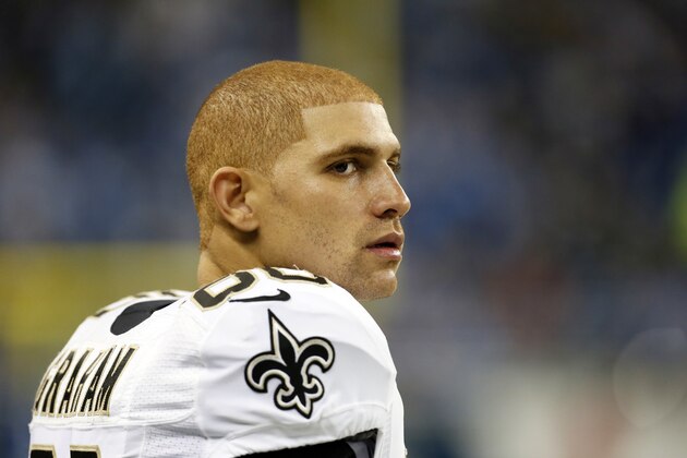 New Orleans Saints tight end Jimmy Graham is seen on the sidelines during the first half of an NFL football game against the Detroit Lions in Detroit, Sunday, Oct. 19, 2014. (AP Photo/Paul Sancya)