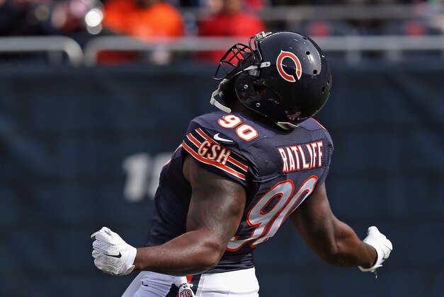 CHICAGO, IL - OCTOBER 19:  Jeremiah Ratliff #90 of the Chicago Bears celebrates after his first-quarter sack during a game against the Miami Dolphins at Soldier Field on October 19, 2014 in Chicago, Illinois.  (Photo by Jonathan Daniel/Getty Images)