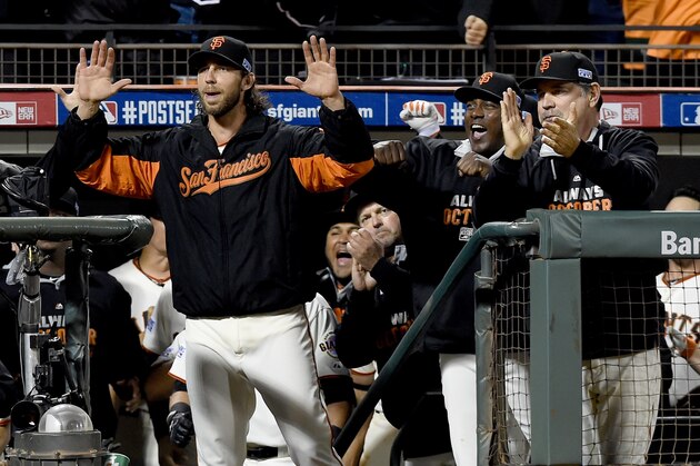 SAN FRANCISCO, CA - OCTOBER 16:  Madison Bumgarner #40 and manager Bruce Bochy #15 wait for Michael Morse #38 after Morse hits a solo home run in the eighth inning against the St. Louis Cardinals during Game Five of the National League Championship Series at AT&T Park on October 16, 2014 in San Francisco, California.  (Photo by Thearon W. Henderson/Getty Images)