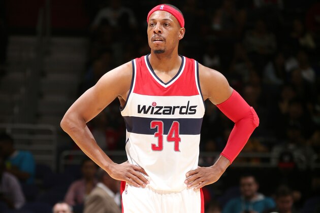 WASHINGTON, DC - OCTOBER 17: Paul Pierce #34 of the Washington Wizards waits for the next play during a preseason game at the Verizon Center on October 17, 2014 in Washington, DC. NOTE TO USER: User expressly acknowledges and agrees that, by downloading and or using this photograph, User is consenting to the terms and conditions of the Getty Images License Agreement. (Photo by Ned Dishman/NBAE via Getty Images)