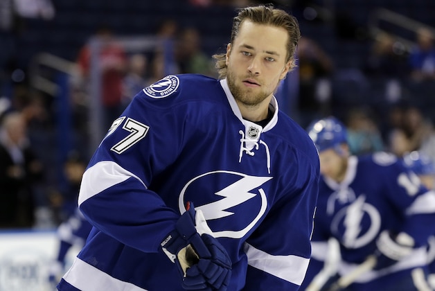 Tampa Bay Lightning defenseman Victor Hedman before an NHL preseason hockey game against the Florida Panthers Saturday, Oct. 4, 2014, in Tampa, Fla. (AP Photo/Chris O'Meara)