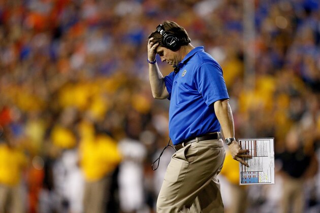 GAINESVILLE, FL - OCTOBER 18: Head coach Will Muschamp of the Florida Gators reacts during the second quarter of the game against the Missouri Tigers at Ben Hill Griffin Stadium on October 18, 2014 in Gainesville, Florida.  (Photo by Rob Foldy/Getty Images)
