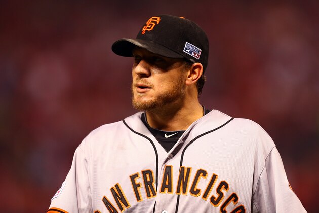 ST LOUIS, MO - OCTOBER 12:  Jake Peavy #22 of the San Francisco Giants pitches against the St. Louis Cardinals during Game Two of the National League Championship Series at Busch Stadium on October 12, 2014 in St Louis, Missouri.  (Photo by Dilip Vishwanat/Getty Images)