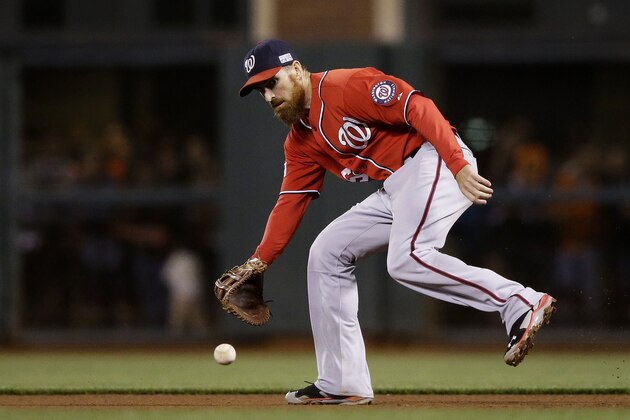 SAN FRANCISCO, CA - OCTOBER 07:  Adam LaRoche #25 of the Washington Nationals fields a ball hit by Brandon Crawford #35 of the San Francisco Giants for an out in the fourth inning during Game Four of the National League Division Series at AT&T Park on October 7, 2014 in San Francisco, California.  (Photo by Ezra Shaw/Getty Images)
