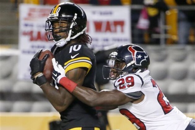 Pittsburgh Steelers wide receiver Martavis Bryant (10) makes a touchdown catch after getting by Houston Texans defensive back Andre Hal (29) in the second quarterof the NFL football game, Monday, Oct. 20, 2014 in Pittsburgh. (AP Photo/Gene J. Puskar)
