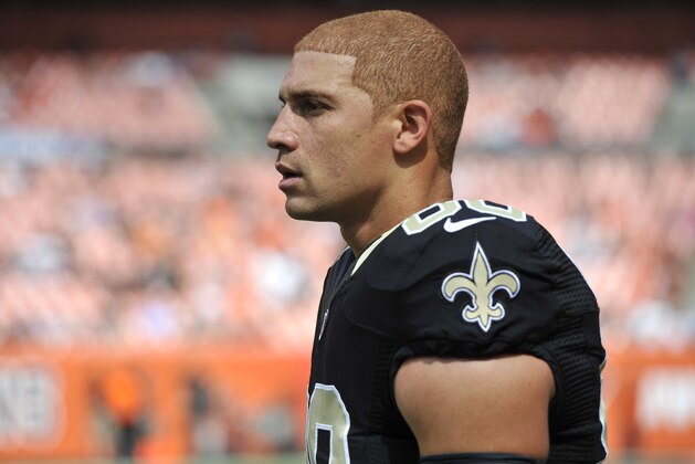 New Orleans Saints tight end Jimmy Graham stands on the field prior to an NFL football game against the Cleveland Browns Sunday, Sept. 14, 2014, in Cleveland. Cleveland won 26-24. (AP Photo/David Richard)