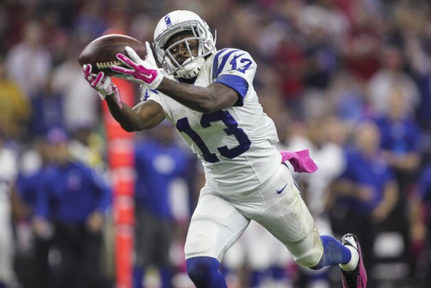 Oct 9, 2014; Houston, TX, USA; Indianapolis Colts wide receiver T.Y. Hilton (13) makes a reception during the first quarter against the Houston Texans at NRG Stadium. Mandatory Credit: Troy Taormina-USA TODAY Sports