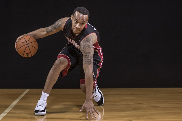 TARRYTOWN, NY - AUGUST 03: Shabazz Napier #13 of the Miami Heat poses for a portrait during the 2014 NBA rookie photo shoot at MSG Training Center on August 3, 2014 in Tarrytown, New York. NOTE TO USER: User expressly acknowledges and agrees that, by downloading and or using this photograph, User is consenting to the terms and conditions of the Getty Images License Agreement. (Photo by Nick Laham/Getty Images)