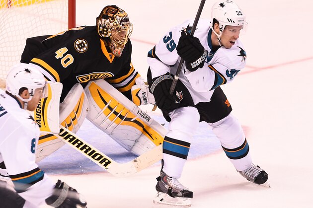 BOSTON, MA - OCTOBER 21: Tuukka Rask #40 of the Boston Bruins watches the play against Logan Couture #39 of the San Jose Sharks at the TD Garden on October 21, 2014 in Boston, Massachusetts.  (Photo by Steve Babineau/NHLI via Getty Images)