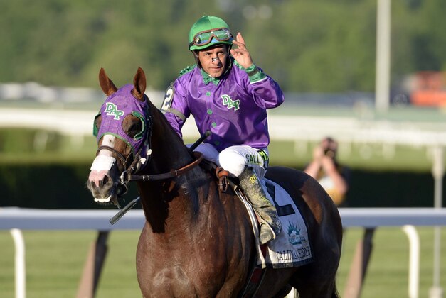 Jun 7, 2014; Elmont, NY, USA; Victor Espinoza aboard California Chrome (2) reacts after finishing tied for fourth place during the 2014 Belmont Stakes at Belmont Park. Mandatory Credit: Robert Deutsch-USA TODAY Sports Jun 7, 2014; Elmont, NY, USA; Victor Espinoza aboard California Chrome (2) reacts after finishing tied for fourth place during the 2014 Belmont Stakes at Belmont Park. Mandatory Credit: Robert Deutsch-USA TODAY Sports