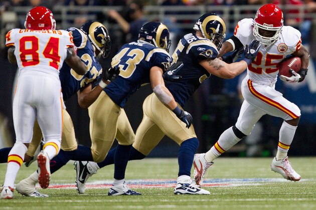 ST. LOUIS, MO - DECEMBER 19: Jamaal Charles #25 of the Kansas City Chiefs rushes against the St. Louis Rams at the Edward Jones Dome on December 19, 2010 in St. Louis, Missouri.  The Chiefs beat the Rams 27-13.  (Photo by Dilip Vishwanat/Getty Images)