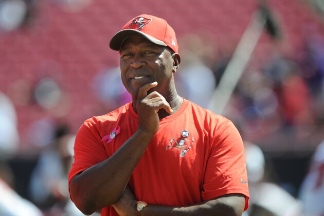 TAMPA, FL - OCTOBER 12: Head coach Lovie Smith of the Tampa Bay Buccaneers looks on prior to the game against the Baltimore Ravens at Raymond James Stadium on October 12, 2014 in Tampa, Florida. (Photo by Cliff McBride/Getty Images)