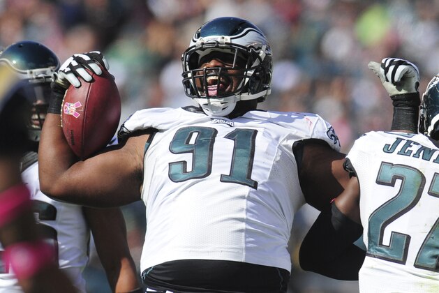 PHILADELPHIA, PA - OCTOBER 5: Defensive end Fletcher Cox #91 of the Philadelphia Eagles reacats after recovering a fumble in the second quarter against the St. Louis Rams on October 5, 2014 at Lincoln Financial Field in Philadelphia, Pennsylvania. (Photo by Evan Habeeb/Getty Images)
