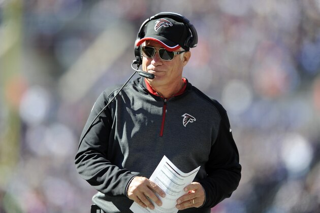 Atlanta Falcons head coach Mike Smith walks on the sideline during an NFL football game against the Baltimore Ravens, Sunday, Oct. 19, 2014, in Baltimore. (AP Photo/Gail Burton)