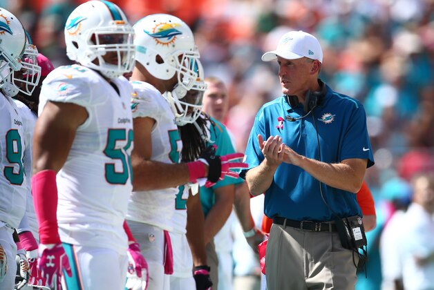 Miami Dolphins head coach Joe Philbin greets players on the sidelines during the second half of an NFL football game against the Green Bay Packers, Sunday, Oct. 12, 2014, in Miami Gardens, Fla. (AP Photo/J Pat Carter)