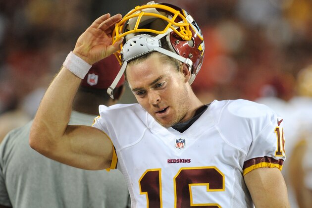 TAMPA, FL - AUGUST 28: Quarterback Colt McCoy #16 of the Washington Redskins against the Tampa Bay Buccaneers at Raymond James Stadium on August 28, 2014 in Tampa, Florida. (Photo by Cliff McBride/Getty Images)