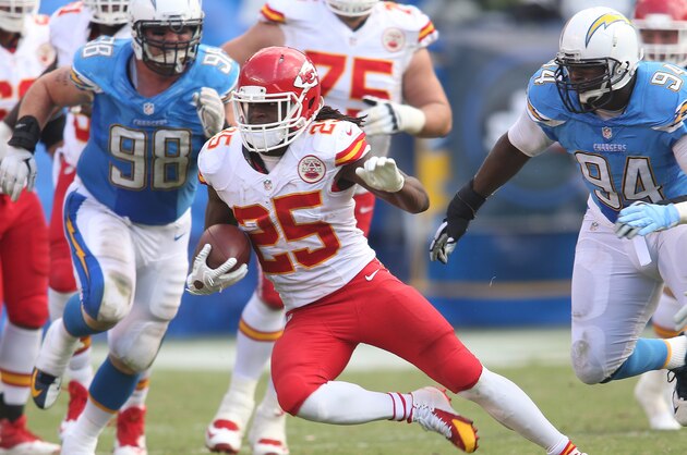 Kansas City Chiefs running back Jamaal Charles #25 in action against the San Diego Chargers during an NFL game played at Qualcomm Stadium in San Diego on Sunday Oct. 19, 2014. (AP Photo/Michael Zito)