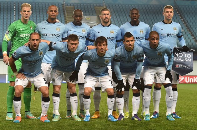 KHIMKI, RUSSIA - OCTOBER 21: The Manchester City FC squad line up ahead of the UEFA Champions League Group E match between PFC CSKA Moscow and Manchester City FC at the Arena Khimki Stadium on October 21, 2014 in Khimki, Russia.  (Photo by Epsilon/Getty Images)