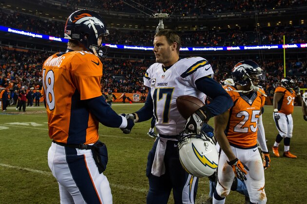 DENVER, CO - DECEMBER 12:  Quarterback Peyton Manning #18 of the Denver Broncos congratulates quarterback Philip Rivers #17 of the San Diego Chargers after a 27-20 loss to the San Diego Chargers at Sports Authority Field Field at Mile High on December 12, 2013 in Denver, Colorado.  (Photo by Dustin Bradford/Getty Images)