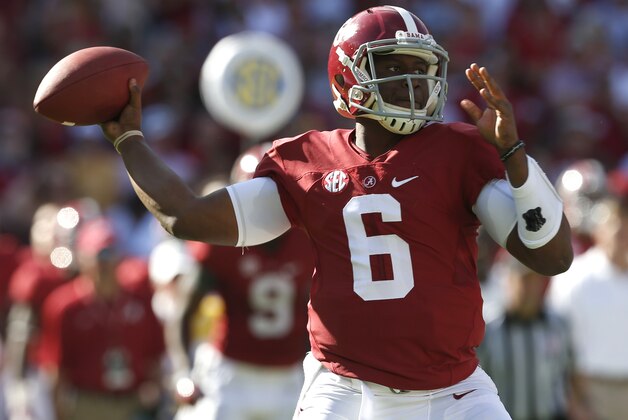 Alabama quarterback Blake Sims (6) throws a pass during the first half of an NCAA college football game against Texas A&M on Saturday, Oct. 18, 2014, in Tuscaloosa, Ala. (AP Photo/Butch Dill)