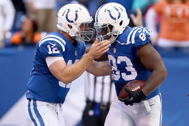INDIANAPOLIS, IN - OCTOBER 19:  Andrew Luck #12 of the Indianapolis Colts celebrates with Dwayne Allen #83 after they connected for a touchdown during the game against the Cincinnati Bengals at Lucas Oil Stadium on October 19, 2014 in Indianapolis, Indiana.  (Photo by Andy Lyons/Getty Images)