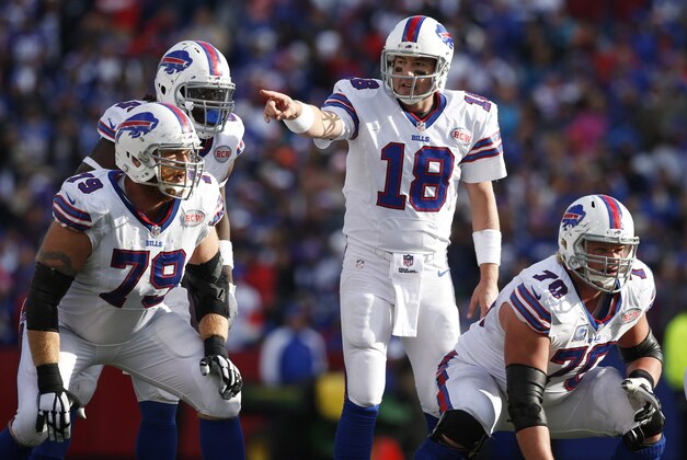 Oct 19, 2014; Orchard Park, NY, USA; Buffalo Bills quarterback Kyle Orton (18) calls an audible against the Minnesota Vikings during the second half at Ralph Wilson Stadium. Bills beat the Vikings 17-16. Mandatory Credit: Kevin Hoffman-USA TODAY Sports