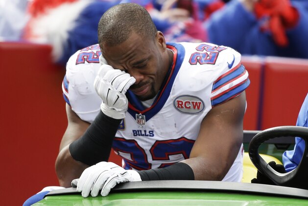 Buffalo Bills running back Fred Jackson (22) reacts as he is carted off the field after being injured during the first half of an NFL football game against the Minnesota Vikings Sunday, Oct. 19, 2014, in Orchard Park, N.Y.  (AP Photo/Bill Wippert)