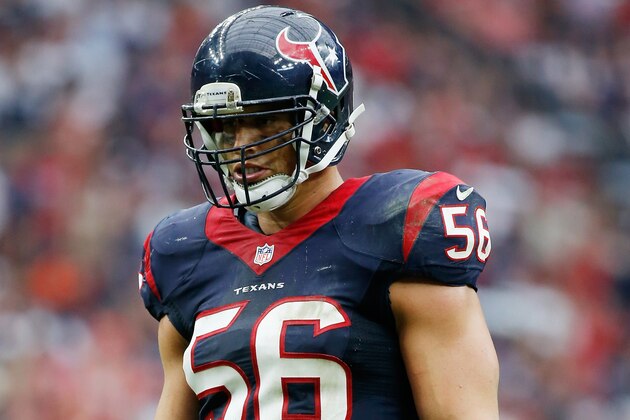 HOUSTON, TX - SEPTEMBER 28:  Brian Cushing #56 of the Houston Texans waits on the field during the first half during their game against the Buffalo Bills at NRG Stadium on September 28, 2014 in Houston, Texas.  (Photo by Scott Halleran/Getty Images)