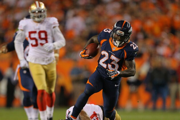 DENVER, CO - OCTOBER 19:  Running back Ronnie Hillman #23 of the Denver Broncos rushes for a 37 yard 3rd quarter touchdown against the San Francisco 49ers at Sports Authority Field at Mile High on October 19, 2014 in Denver, Colorado.  (Photo by Justin Edmonds/Getty Images)
