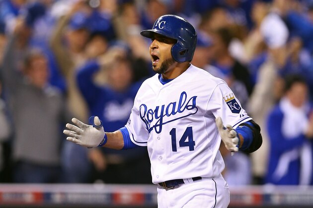 KANSAS CITY, MO - OCTOBER 22: Omar Infante #14 of the Kansas City Royals celebrates after hitting a two-run home run in the sixth inning against the San Francisco Giants during Game Two of the 2014 World Series at Kauffman Stadium on October 22, 2014 in Kansas City, Missouri.  (Photo by Elsa/Getty Images)