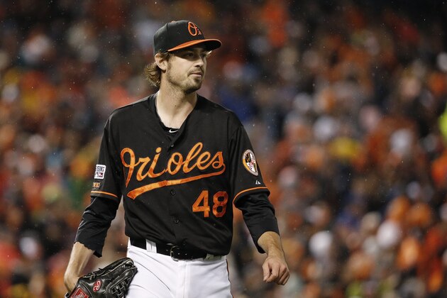Baltimore Orioles' Andrew Miller (48) walks off the field following the last out during the eighth inning of Game 1 of the American League baseball championship series against the Kansas City Royals Friday, Oct. 10, 2014, in Baltimore. (AP Photo/Alex Brandon)
