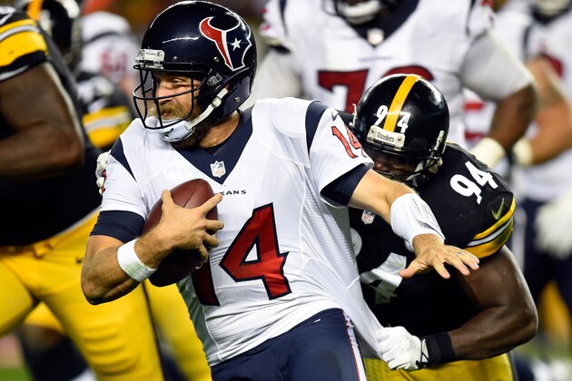 PITTSBURGH, PA - OCTOBER 20:   Ryan Fitzpatrick #14 of the Houston Texans gets sacked by Lawrence Timmons #94 of the Pittsburgh Steelers in the first half during their game at Heinz Field on October 20, 2014 in Pittsburgh, Pennsylvania.  (Photo by Joe Sargent/Getty Images)