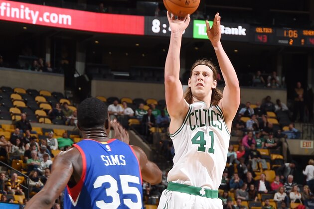 BOSTON, MA - OCTOBER 6: Kelly Olynyk #41 of the Boston Celtics shoots the ball against Henry Sims #35 of the Philadelphia 76ers on October 6, 2014 at the TD Garden in Boston, Massachusetts.  NOTE TO USER: User expressly acknowledges and agrees that, by downloading and or using this photograph, User is consenting to the terms and conditions of the Getty Images License Agreement. Mandatory Copyright Notice: Copyright 2014 NBAE  (Photo by Brian Babineau/NBAE via Getty Images)