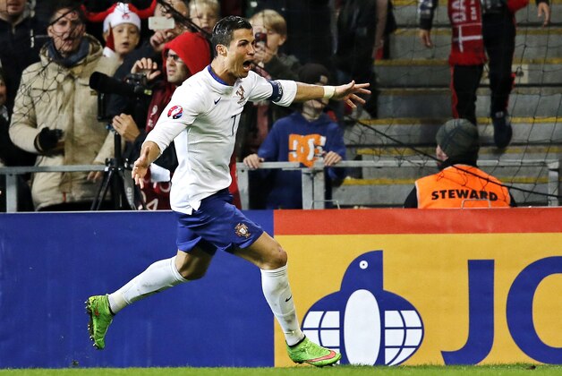 Christiano Ronaldo celebrates his last minute goal during a Euro 2016 group I qualifying soccer match between Denmark and Portugal in Copenhagen, Denmark,Tuesday, Oct. 14, 2014. (AP Photo/Jens Dresling/POLFOTO)  DENMARK OUT