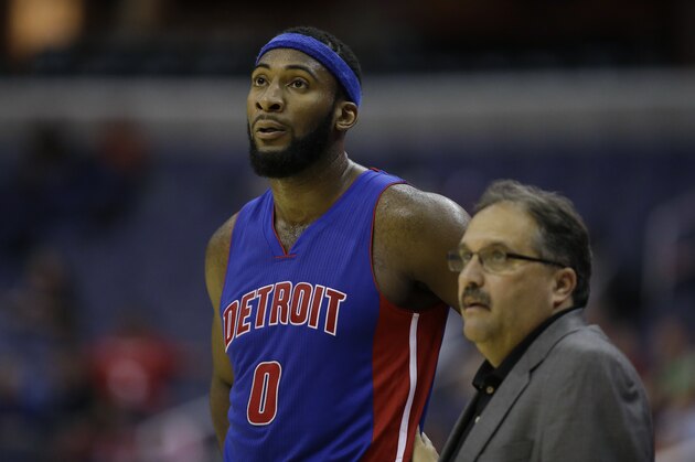 Detroit Pistons center Andre Drummond (0) stands with Detroit Pistons head coach Stan Van Gundy in the second half of a preseason NBA basketball game against the Washington Wizards Sunday, Oct. 12, 2014 in Washington. The Wizards won 91-89. (AP Photo/Alex Brandon)