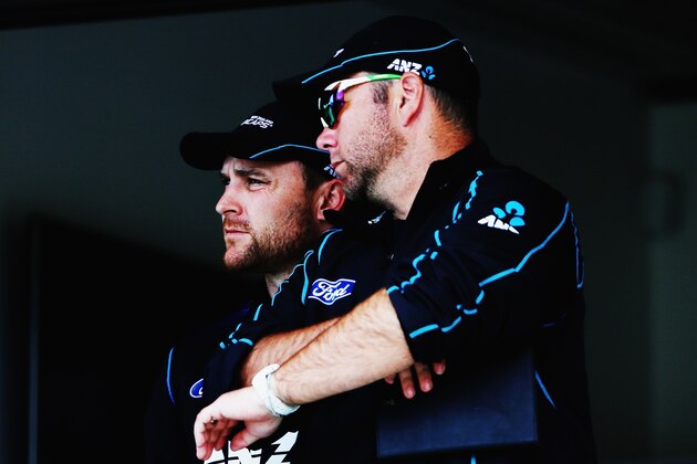 MOUNT MAUNGANUI, NEW ZEALAND - OCTOBER 21: Brendon McCullum of New Zealand and batting coach Craig McMillan look on from the dressing room during the One Day International match between New Zealand and South Africa at Bay Oval on October 21, 2014 in Mount Maunganui, New Zealand.  (Photo by Hannah Peters/Getty Images)