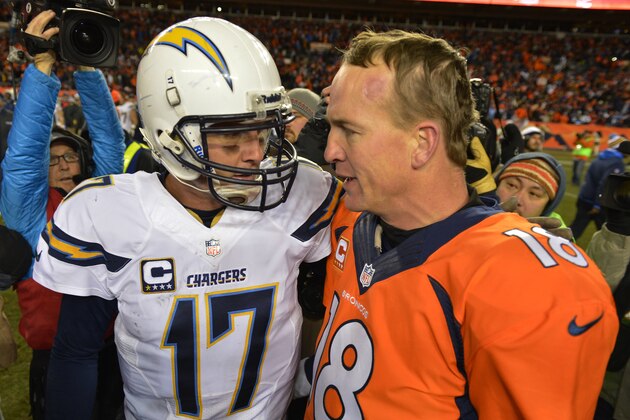 FILE - In this Jan. 12, 2014, file photo, San Diego Chargers quarterback Philip Rivers, left, and Denver Broncos quarterback Peyton Manning greet each other at midfield after the Broncos beat the Chargers 24-17 in an NFL AFC division playoff football game in Denver. The Broncos fear no one in the AFC, nor should they given their recent record. There is one opponent that gets Peyton Manning and company a bit unsettled, though, and that's who they take on Thursday night, Oct. 23, 2014, when the San Diego Chargers come visiting. (AP Photo/Jack Dempsey, File)