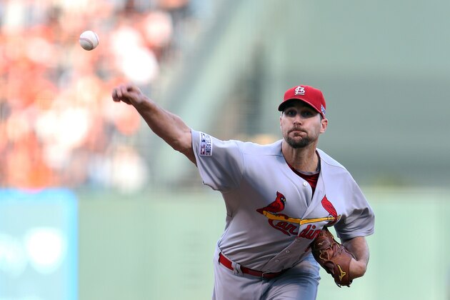 St. Louis Cardinals starting pitcher Adam Wainwright throws during the first inning of Game 5 of the National League baseball championship series against the San Francisco Giants Thursday, Oct. 16, 2014, in San Francisco. (AP Photo/Christian Petersen, Pool)