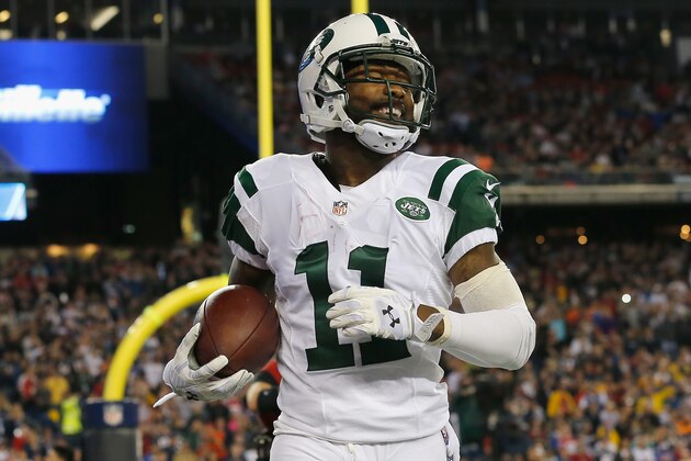 FOXBORO, MA - OCTOBER 16:  Jeremy Kerley #11 of the New York Jets reacts during the first quarter against the New England Patriots at Gillette Stadium on October 16, 2014 in Foxboro, Massachusetts.  (Photo by Jim Rogash/Getty Images)