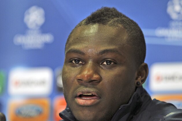 Arsenal's Emmanuel Frimpong of Ghana speaks during a press conference in Athens, Monday, Dec. 5, 2011. Arsenal will face Olympiakos for the Champions League Group F soccer match on Tuesday. (AP Photo/Thanassis Stavrakis)