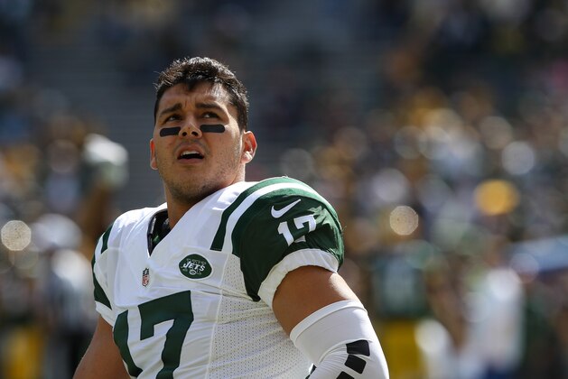 GREEN BAY, WI - SEPTEMBER 14: Greg Salas #17 of the New York Jets watches the scoreboard prior to the NFL game against the Green Bay Packers on September 14, 2014 at Lambeau Field in Green Bay, Wisconsin. The Packers defeated the Jets 31-24. (Photo by Kena Krutsinger/Getty Images)