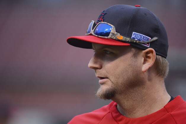 Oct 12, 2014; St. Louis, MO, USA; St. Louis Cardinals catcher A.J. Pierzynski  before game two of the 2014 NLCS playoff baseball game against the San Francisco Giants at Busch Stadium. Mandatory Credit: Jeff Curry-USA TODAY Sports