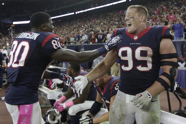 Houston Texans defensive end J.J. Watt (99) is congratulated by wide receiver Andre Johnson (80) after returning a fumble 45 yards for a touchdown during the second half of an NFL football game, Thursday, Oct. 9, 2014, in Houston. (AP Photo/Patric Schneider)