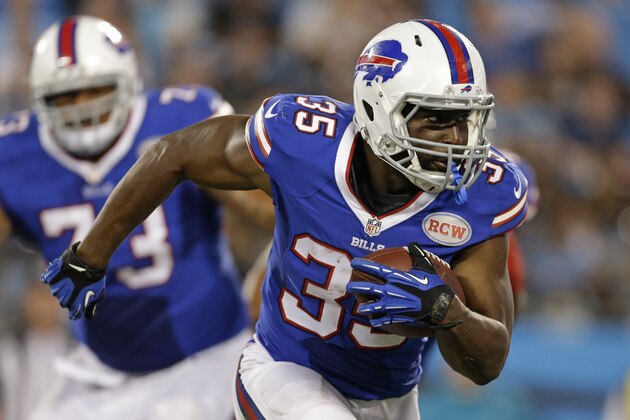Buffalo Bills' Bryce Brown (35) runs against the Carolina Panthers during the second half of a preseason NFL football game in Charlotte, N.C., Friday, Aug. 8, 2014. (AP Photo/Bob Leverone)